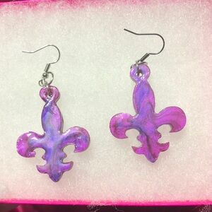 Handmade Fleur De Lis Earrings Purple & Pink Swirls Silver Hook Drop Ear…